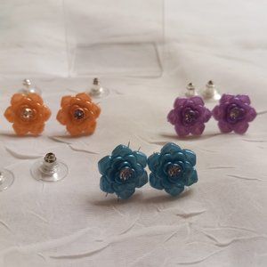 Three Pair Steel Handmade Hand Crafted Resin Flower Stud Earrings Jewelry